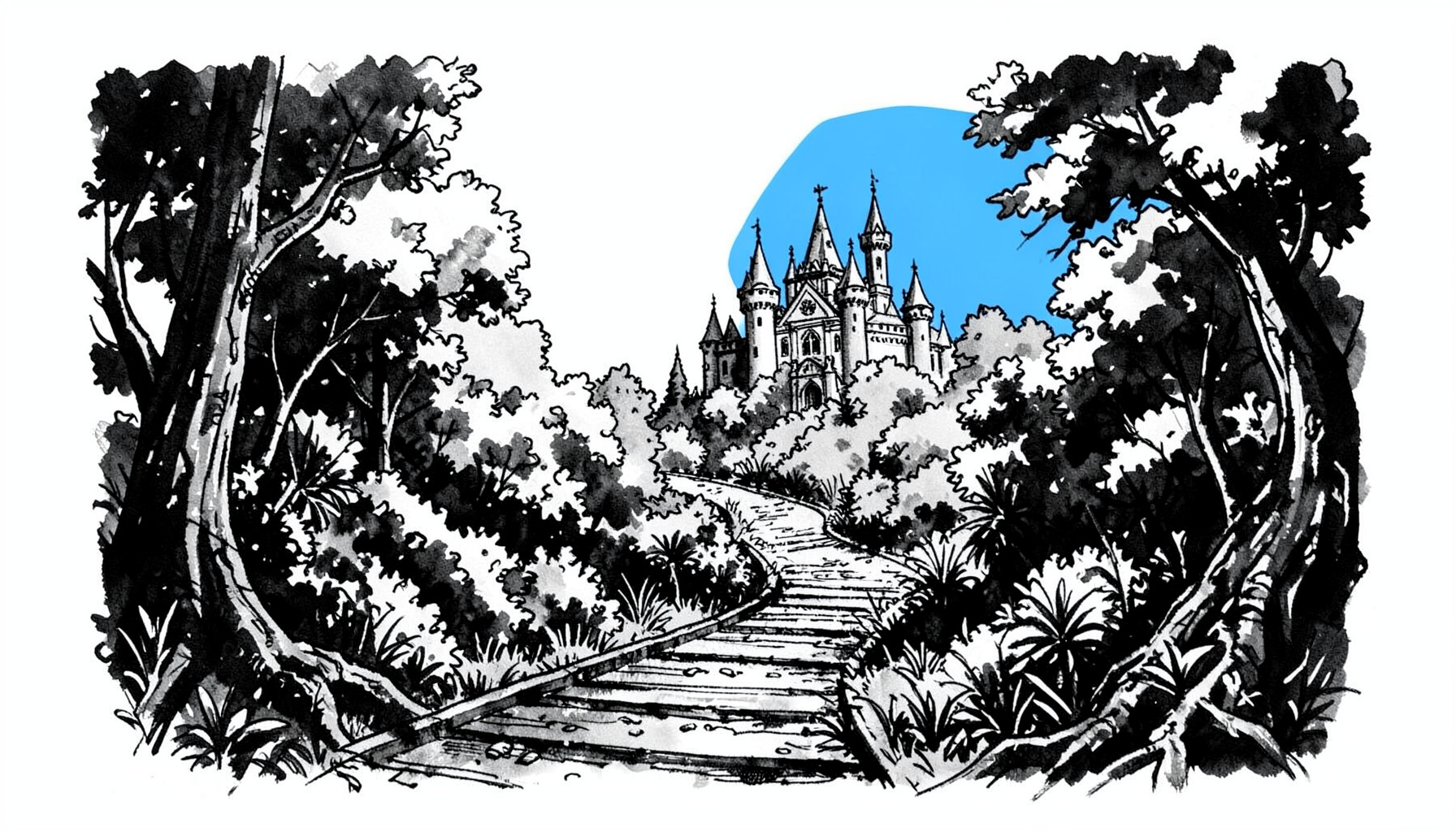Ilustrasi tinta hitam bergaya sketsa tangan yang menggambarkan pemandangan dunia fantasi dengan kastil di kejauhan, pepohonan rindang, dan jalan setapak berkelok, dalam nuansa monokrom gelap yang kontemplatif.